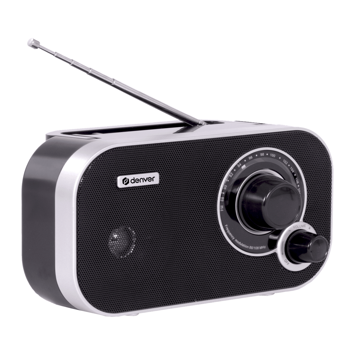 [Zwart] Denver TR51 FM radio compact in zwart met zilveren rand, schuin vooraanzicht met draaiknop
