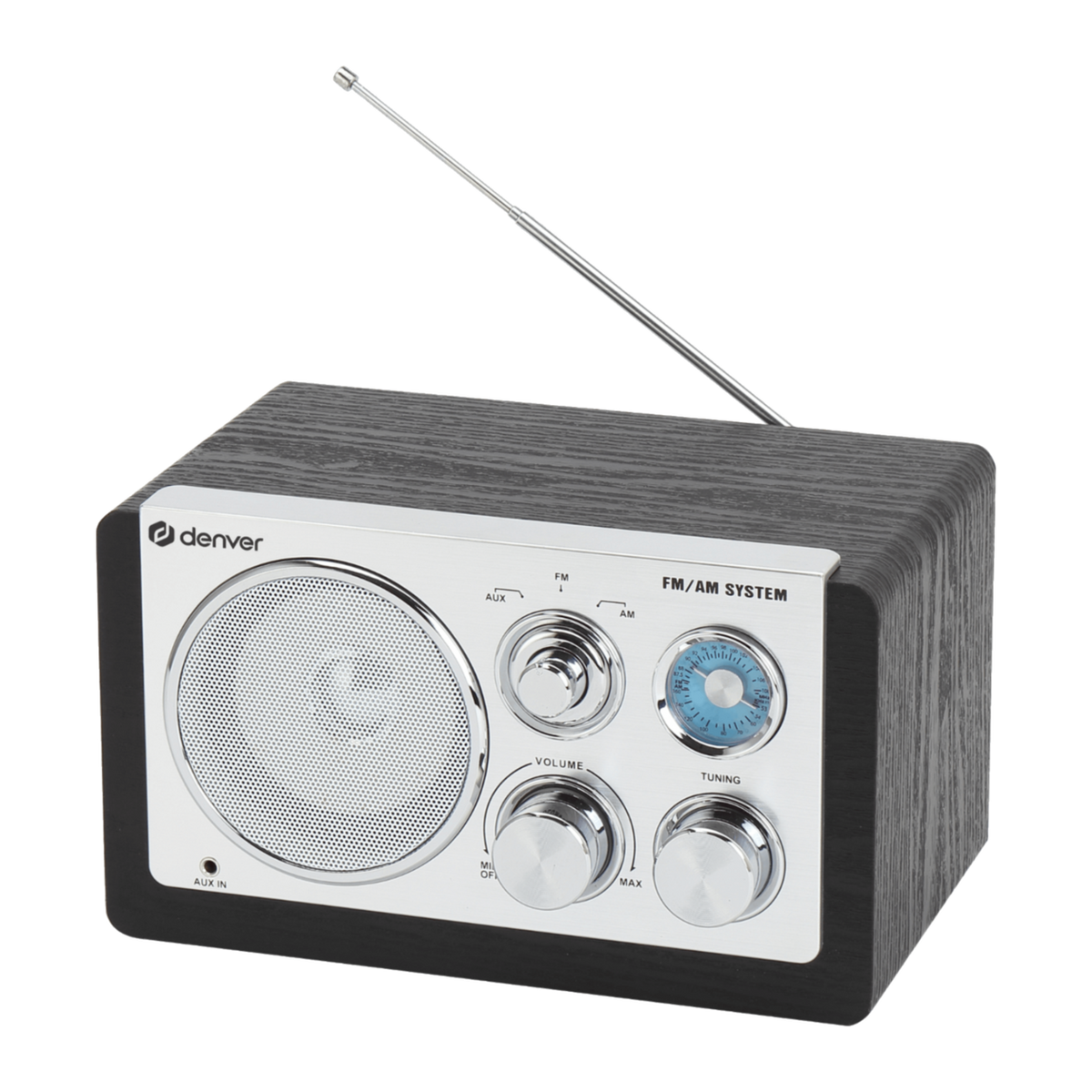 [Zwart] Denver TR63 retro FM radio in zwart, vooraanzicht met antenne en draaiknoppen