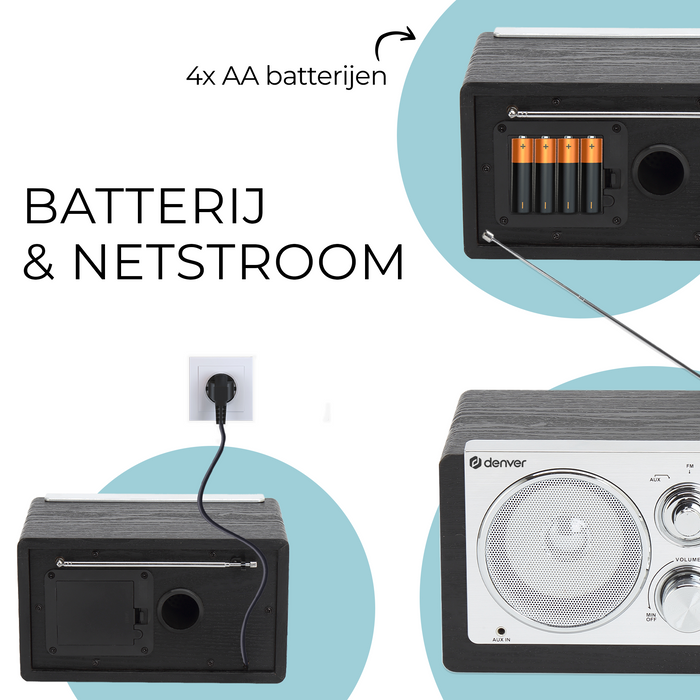 Denver Draagbare FM Radio - Retro - Werkt op batterijen of netstroom - Keukenradio - AM - FM