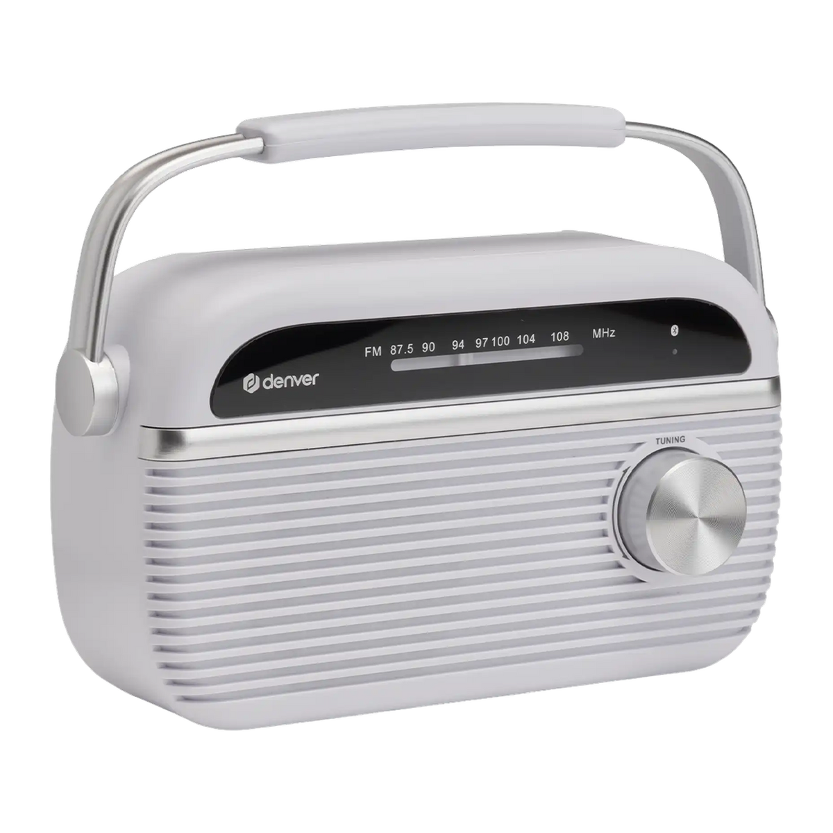 [Wit] Denver TRB67 retro FM radio met draaghandvat in wit, schuin vooraanzicht