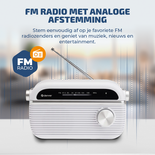 [Wit] Denver FM Radio Retro - Noodradio / Noodpakket - Werkt op batterij of netstroom - Keukenradio - Draagbare Radio - TRB67