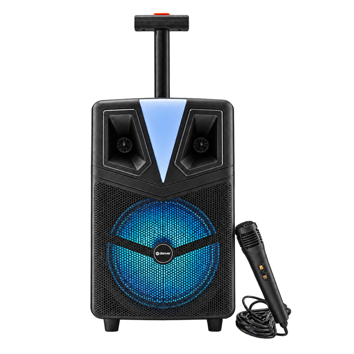 Denver TSP307 partyspeaker met trolleyhandvat, blauw discolicht en bedrade karaokemicrofoon