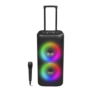 Denver TSP353 trolley partyspeaker met regenboog discolichten en bedrade microfoon, vooraanzicht