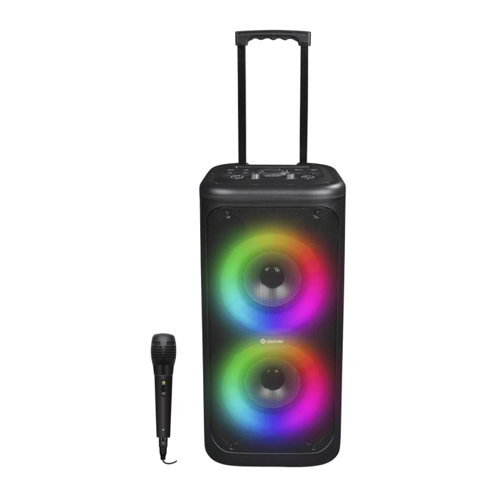 Denver TSP353 trolley partyspeaker met regenboog discolichten en bedrade microfoon, vooraanzicht