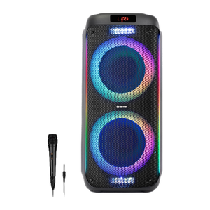 Denver TSP456 trolley partyspeaker met discolichten en bedrade microfoon, vooraanzicht