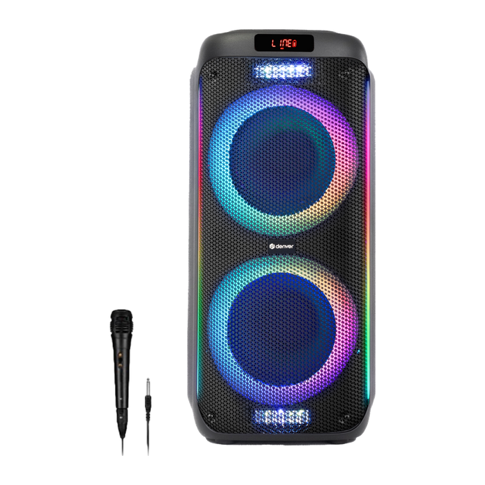 Denver TSP456 trolley partyspeaker met discolichten en bedrade microfoon, vooraanzicht