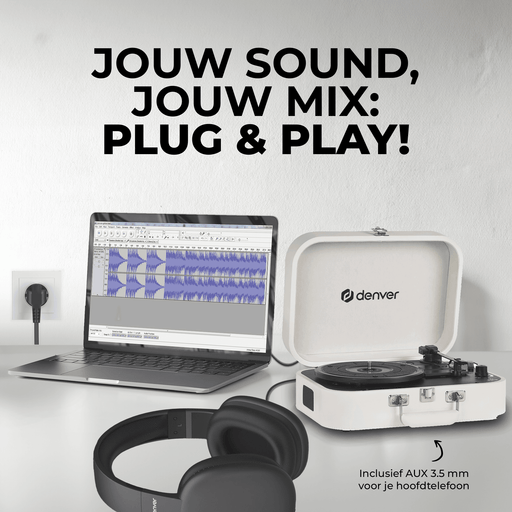 [Wit] - Denver Platenspeler - Ingebouwde Speakers en Versterker - Incl. PC Software - Auto-stop - Retro - VPL130 - Denvershop