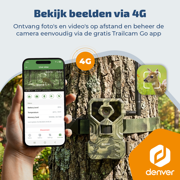 Denver Wildcamera met Nachtzicht en 4G verbinding - Live streaming - 4K Ultra HD video - 48MP Foto – 120 graden zicht - IP66 waterbestending - TrailCam Go app – WCL8060