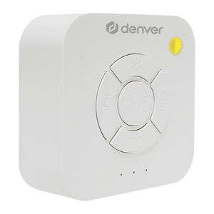 Denver WN93 witte white noise machine met knoppen en gele lichtknop, schuin vooraanzicht