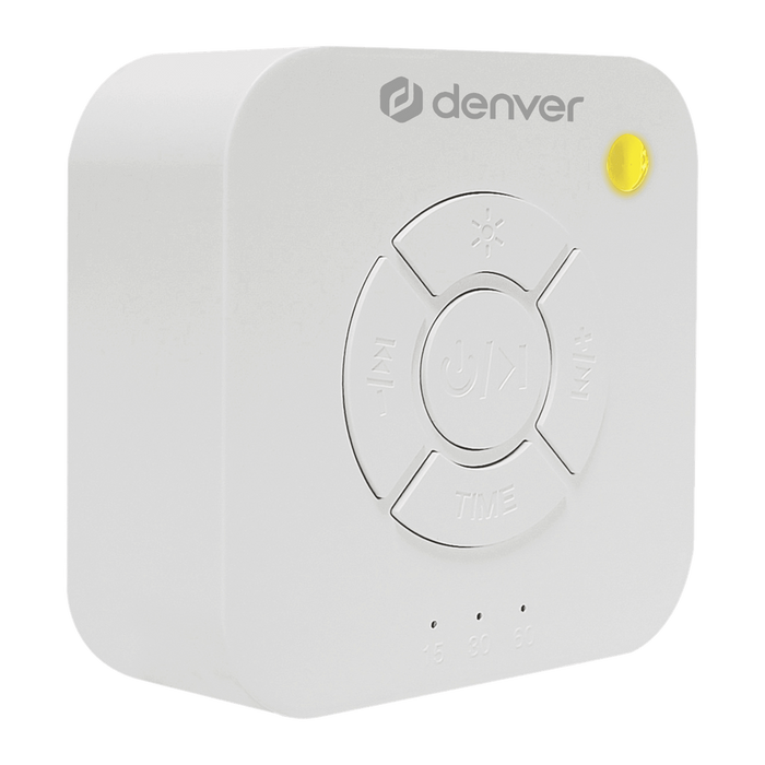 Denver WN93 witte white noise machine met knoppen en gele lichtknop, schuin vooraanzicht