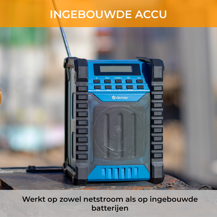 Denver Bouwradio - Bluetooth - met Accu - AUX - FM - USB-C - Spatwaterdicht - WRB60