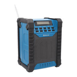 Denver WRB60 bouwradio met FM in blauw en zwart, schuin vooraanzicht