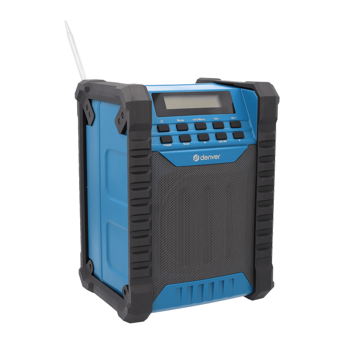 Denver WRB60 bouwradio met FM in blauw en zwart, schuin vooraanzicht