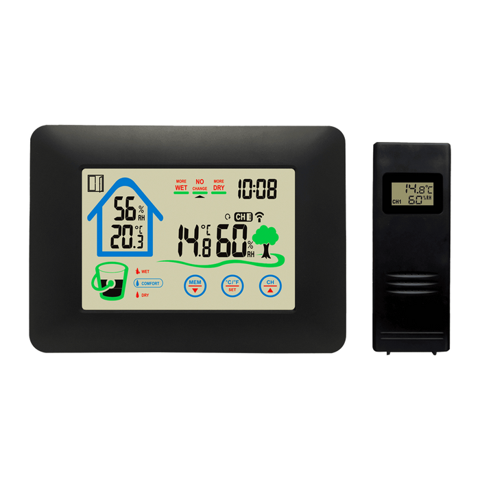 Denver WS520 weerstation met zwart hoofdscherm en draadloze buitensensor, vooraanzicht