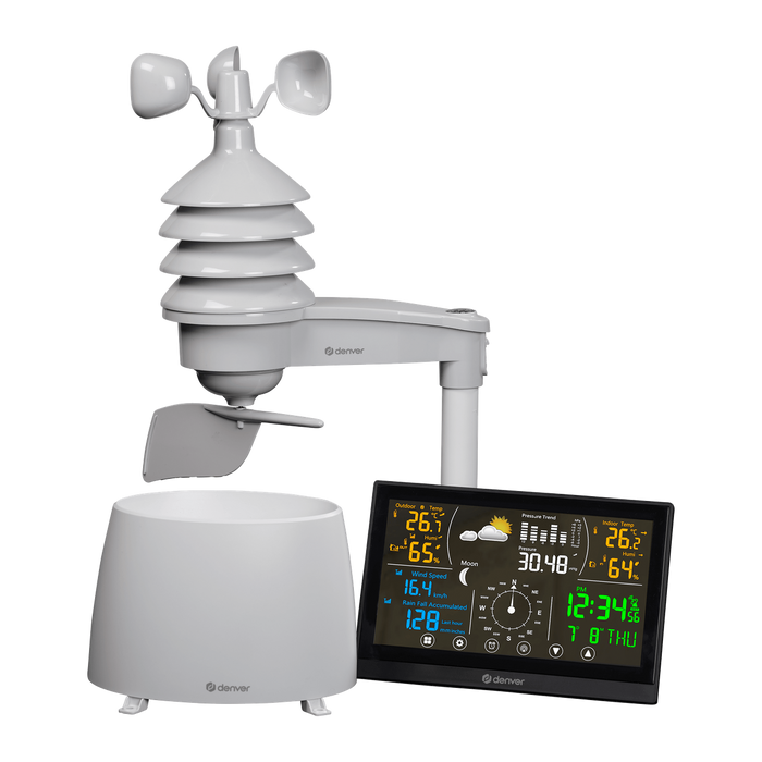 Denver WS650 weerstation met regenmeter, windsensor en hoofdscherm, vooraanzicht