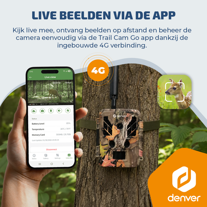 Denver Wildcamera met Nachtzicht en 4G verbinding - Live streaming - 4K Ultra HD video - 48MP - Zonne-energie - TrailCam Go app - WSL8050