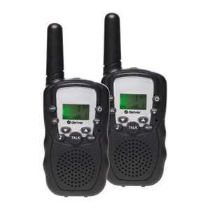 Twee Denver WTA449 walkietalkies met display en antenne, vooraanzicht