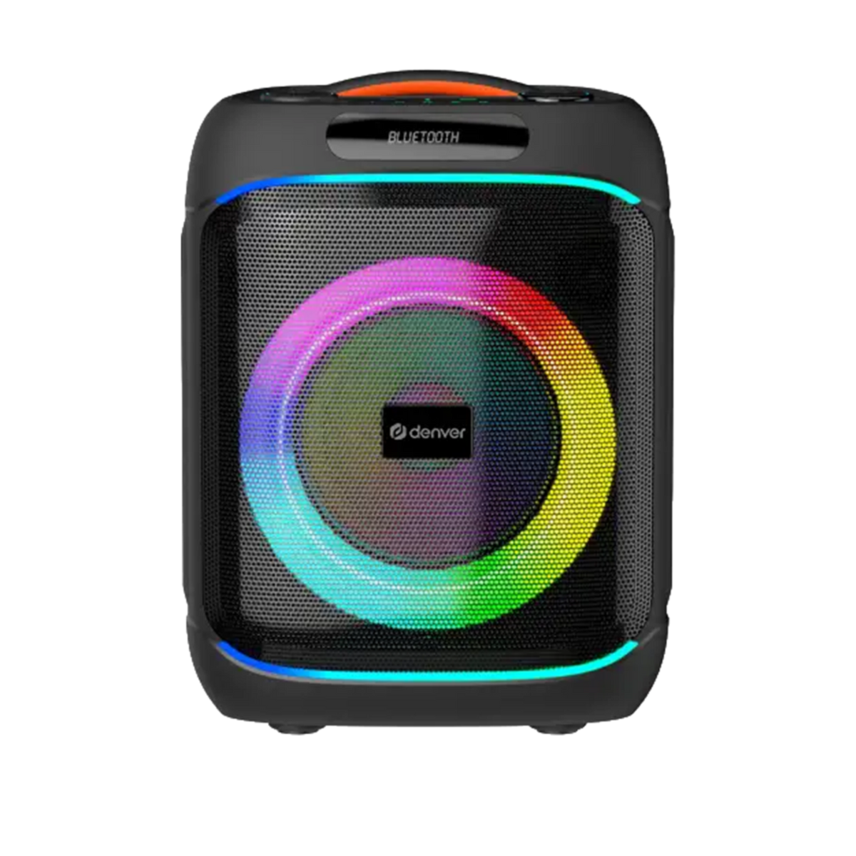 Denver BPS170 compacte partyspeaker met gekleurde lichtring en handgreep, vooraanzicht