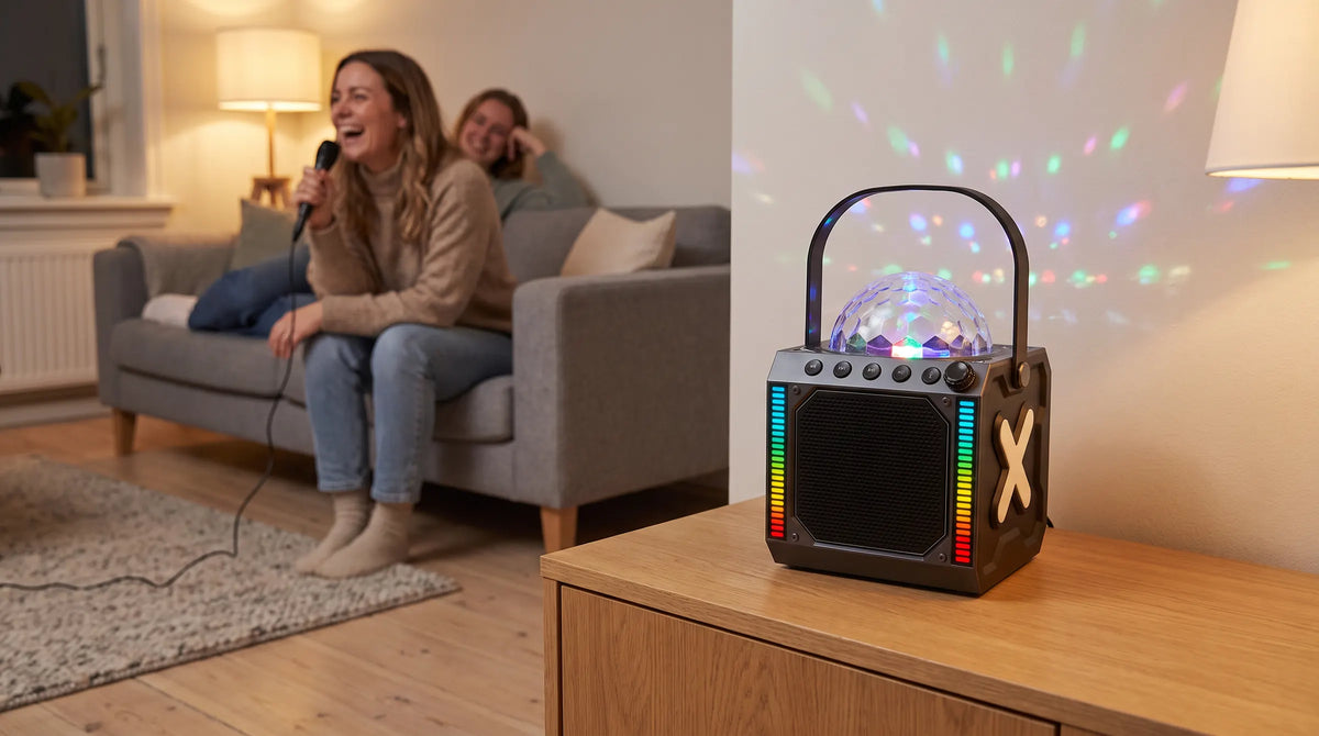 Denver BTM618 karaokeset met discolamp op een dressoir, vriendin zingt met de microfoon op de bank