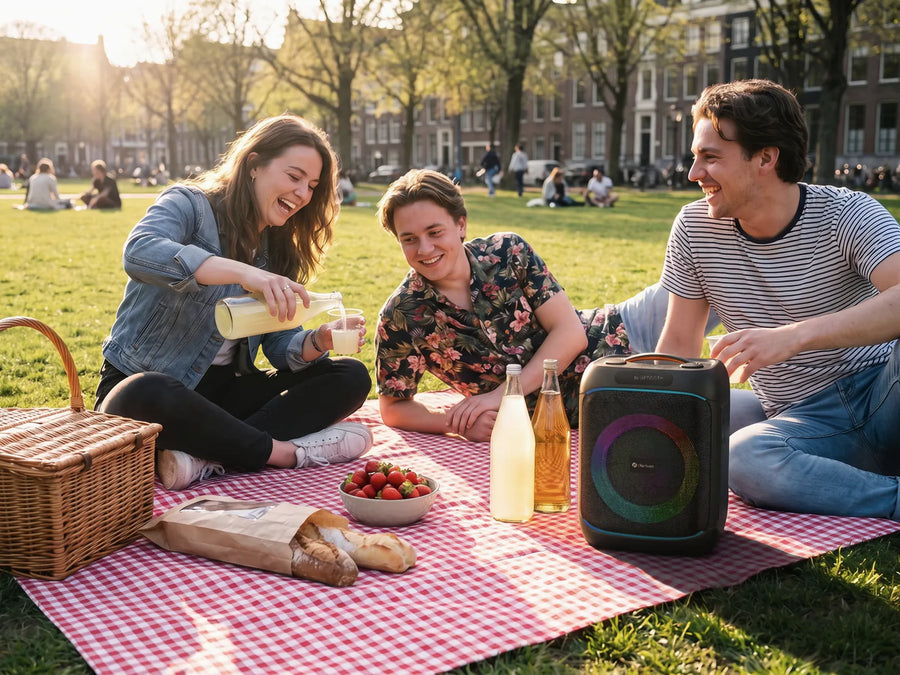 Denver BPS170 (33 cm) op een picknickkleed in het park, net iets hoger dan de flessen limonade