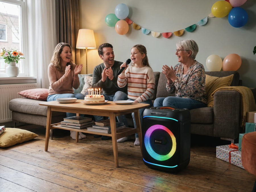 Denver BPS270 (39 cm) naast de salontafel op een verjaardag, meisje zingt met de microfoon