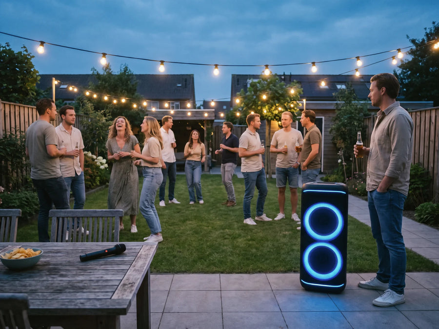 Tuinfeest in de schemering, de Denver BPS470 (85 cm) staat op het terras naast een gast, tot zijn heup