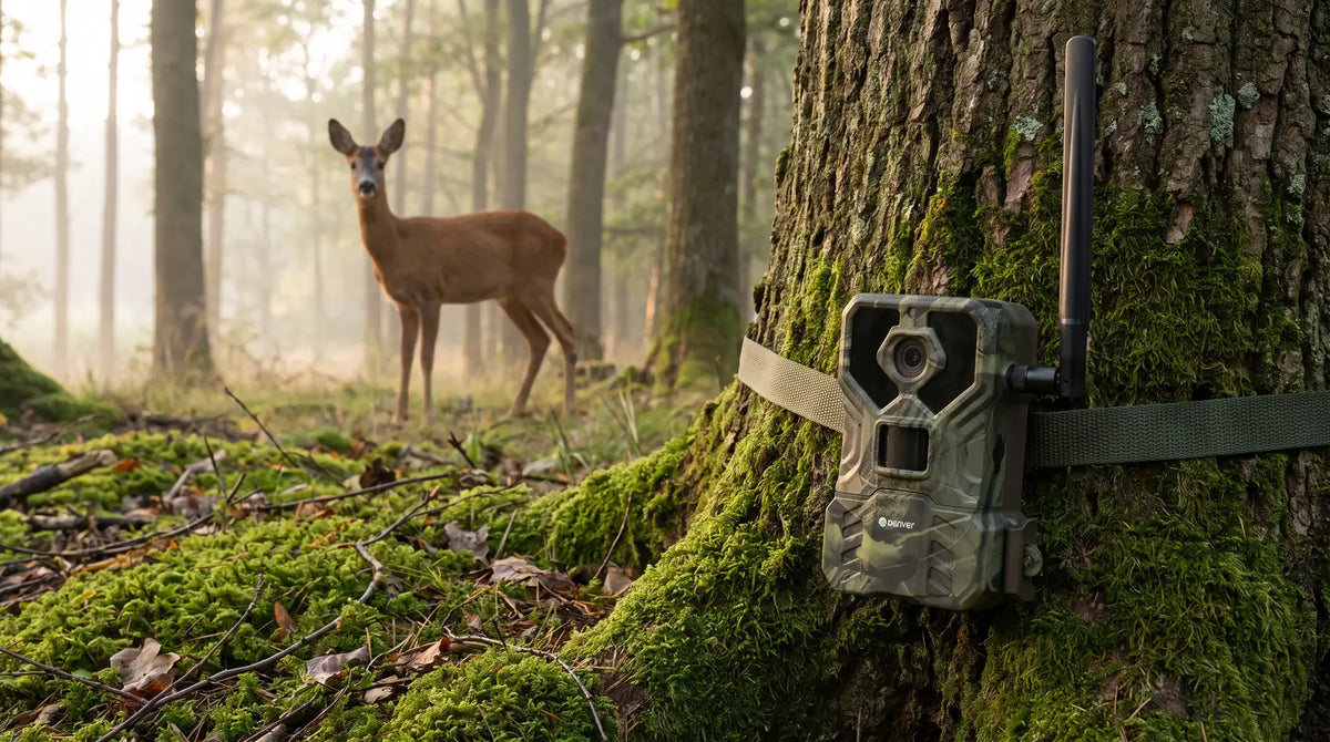 Denver WCL8060 wildcamera aan een boom in het bos bij dageraad, met een ree op de achtergrond