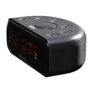 Denver CR430 wekkerradio in zwart, schuin van rechts met de geribbelde zijkant