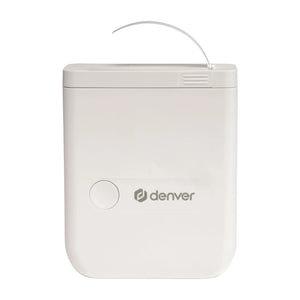 Witte Denver MBP16 labelprinter, vooraanzicht met een label dat bovenuit komt
