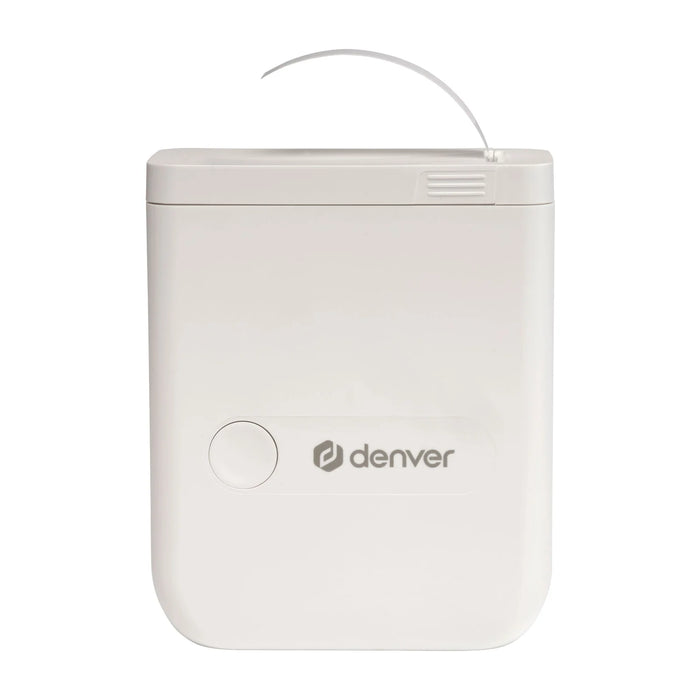 Witte Denver MBP16 labelprinter, vooraanzicht met een label dat bovenuit komt