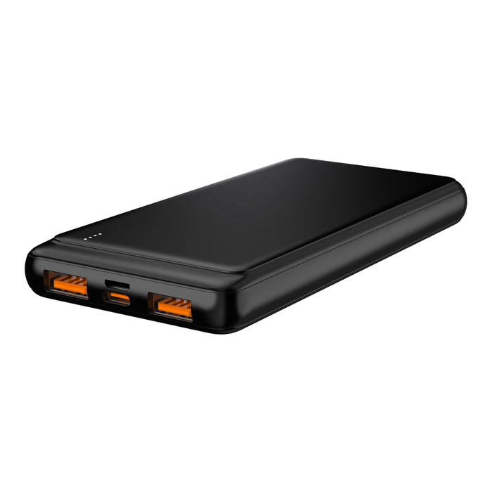 Zwarte Denver PQC10009 powerbank, schuin met de twee USB-A-poorten en de USB-C-poort