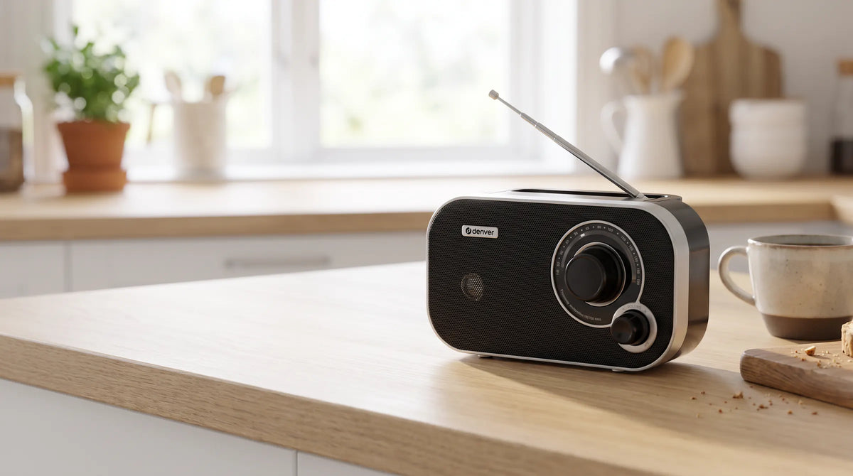 Zwarte Denver TR51 FM-radio met uitgeschoven antenne op een houten aanrecht naast een koffiekop
