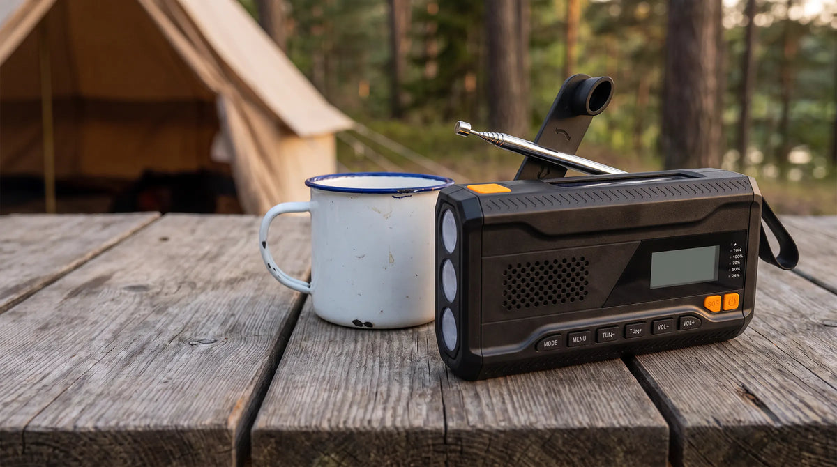 Denver SCD2033 noodradio met DAB+ op een houten campingtafel voor een tent