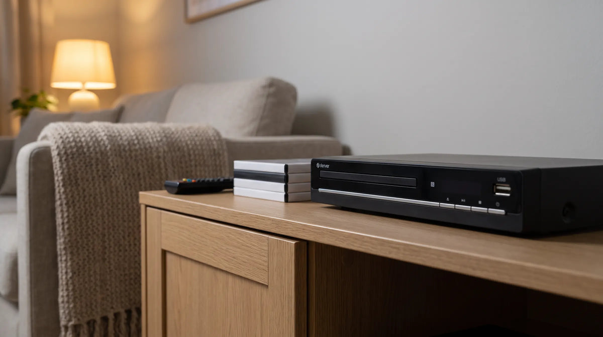 Denver DVH7787 dvd-speler op een eiken tv-meubel, met dvd-hoesjes en afstandsbediening, bank op de achtergrond