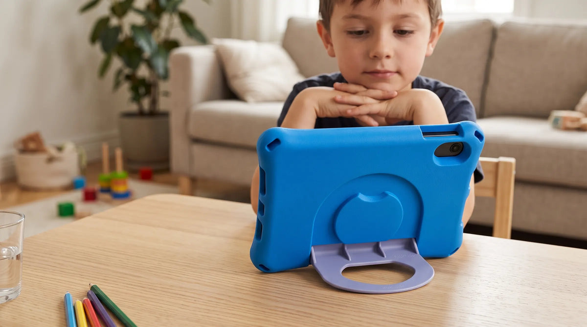 Jongen aan tafel kijkt naar de Denver TIO80115K kindertablet die op zijn lila handvat staat