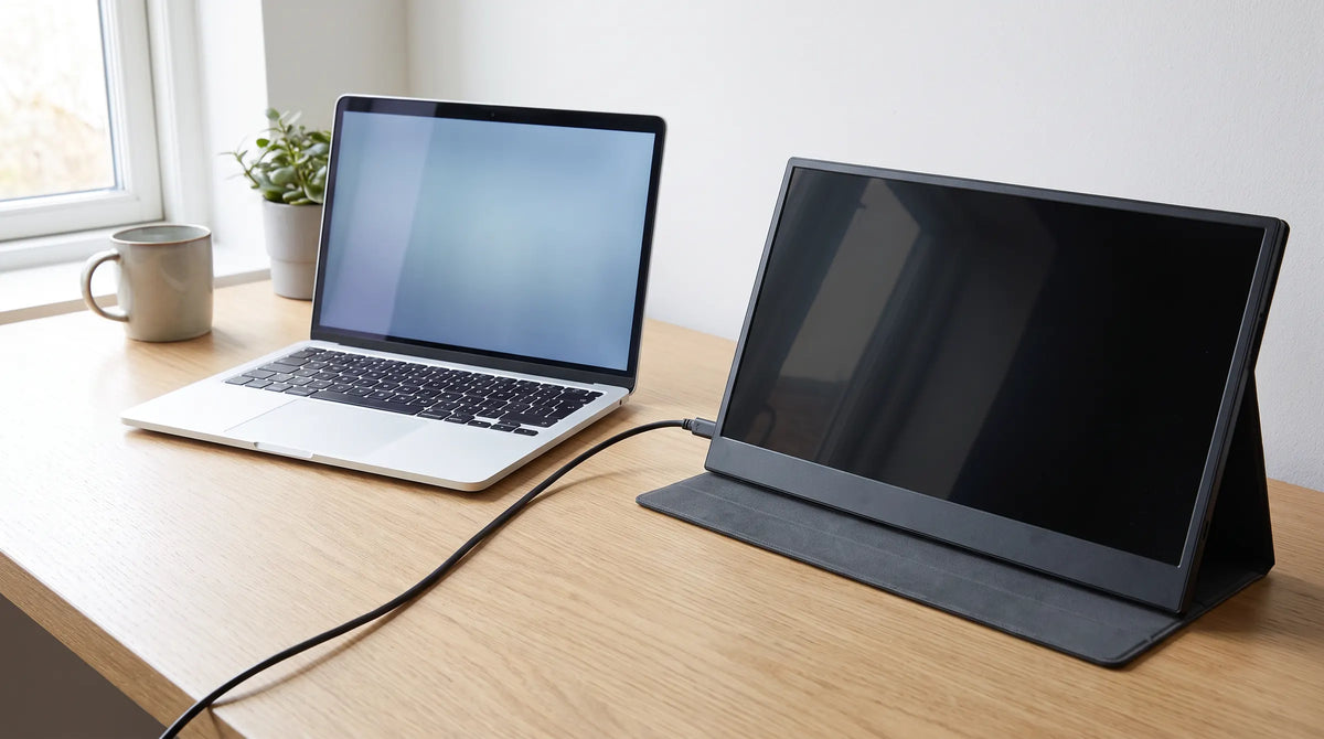 Denver PMO15604 portable monitor met zwart scherm naast een laptop op een eiken bureau, met een USB-C-kabel