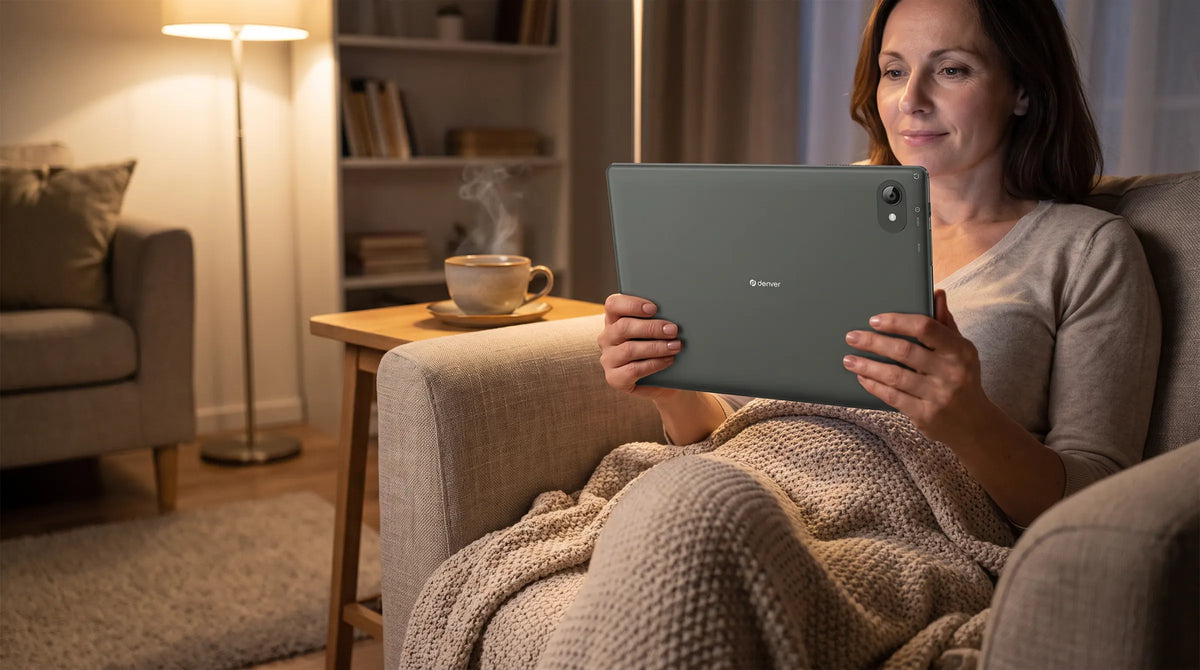 Vrouw in een fauteuil kijkt een serie op de grijze Denver TIO10525 tablet, met thee en schemerlamp