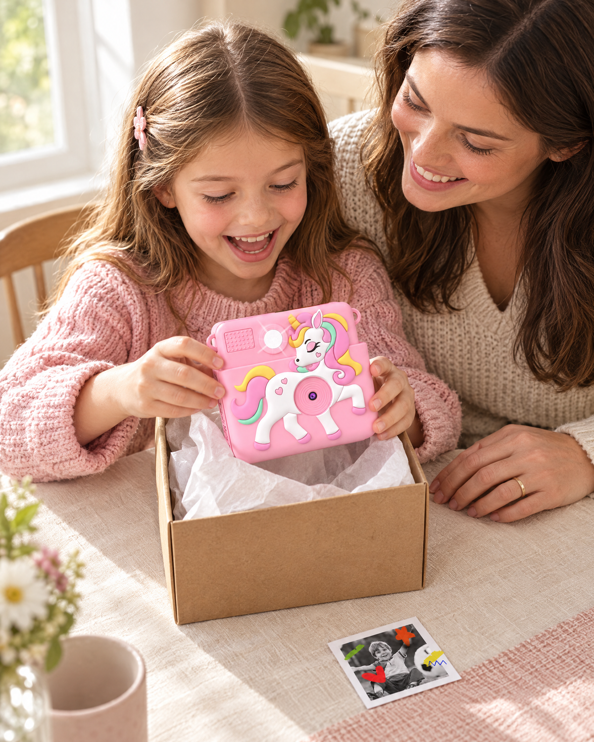 Meisje pakt een roze Denver kindercamera met eenhoorn uit, haar moeder kijkt mee